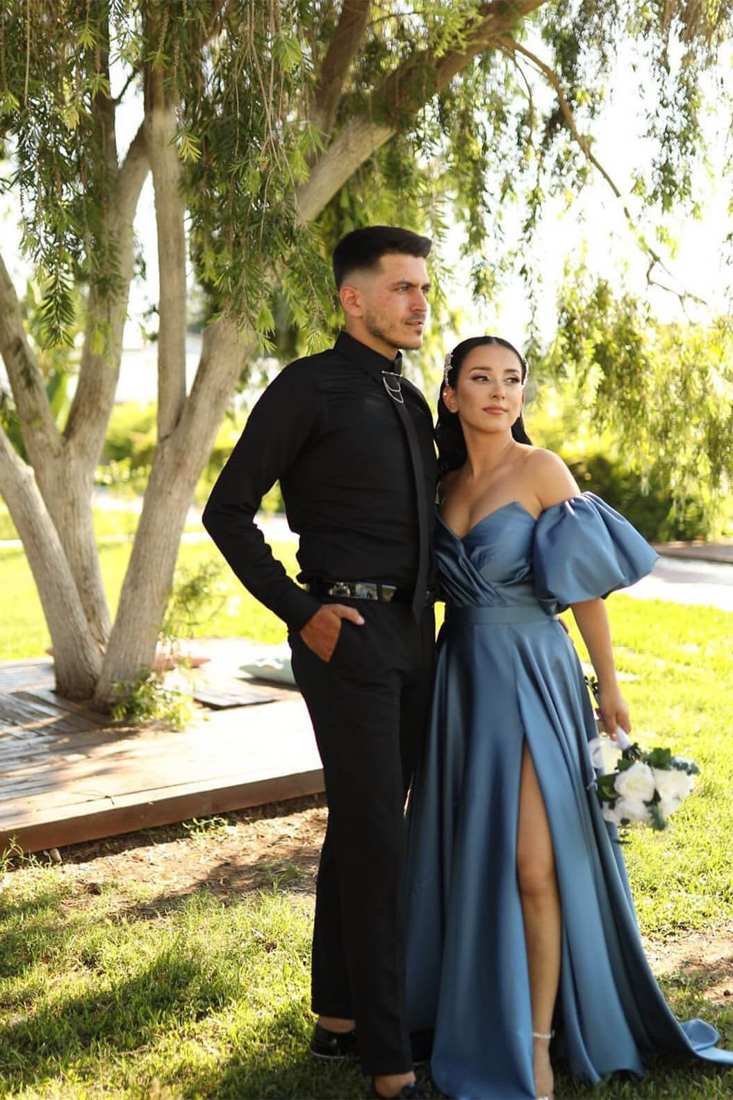 Dusty Blue Off-The-Shoulder Evening Dress With Puff Sleeves and Front Split Sweetheart-BallBride