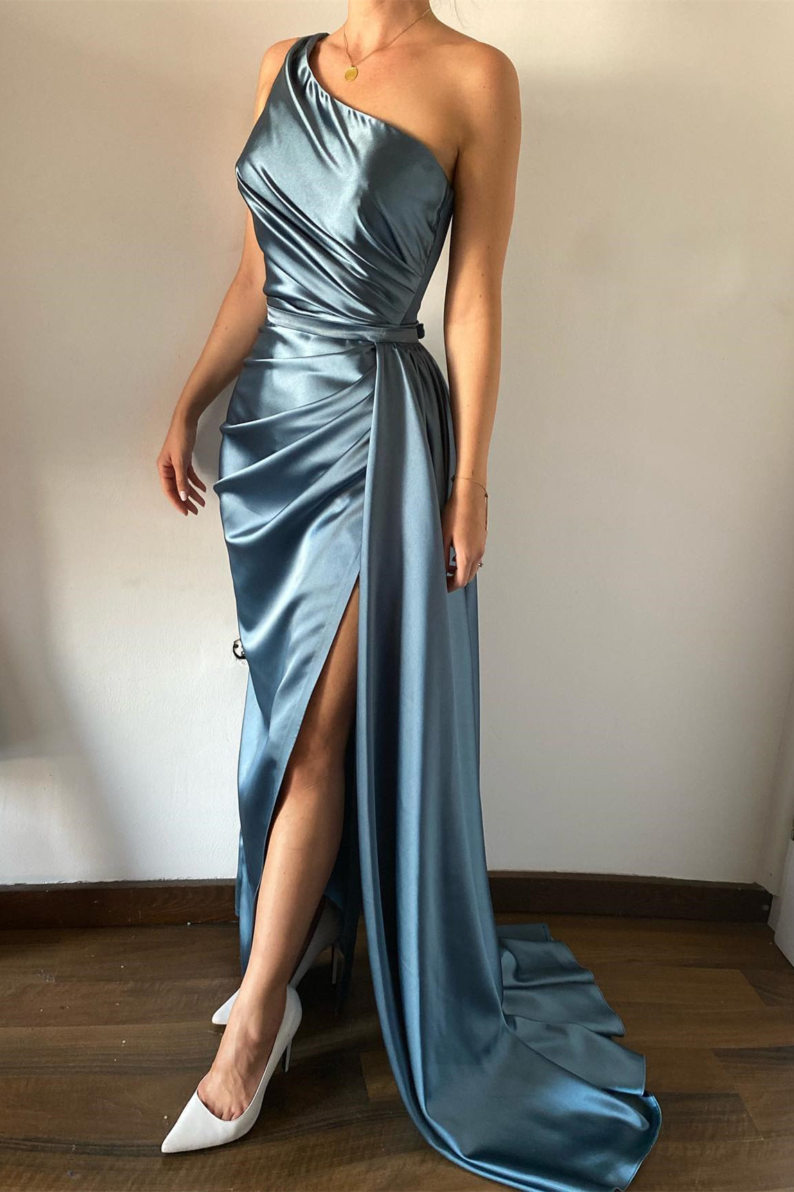 Dusty Blue One Shoulder Mermaid Prom Dress with Pleats and Detachable Ruffles-BallBride