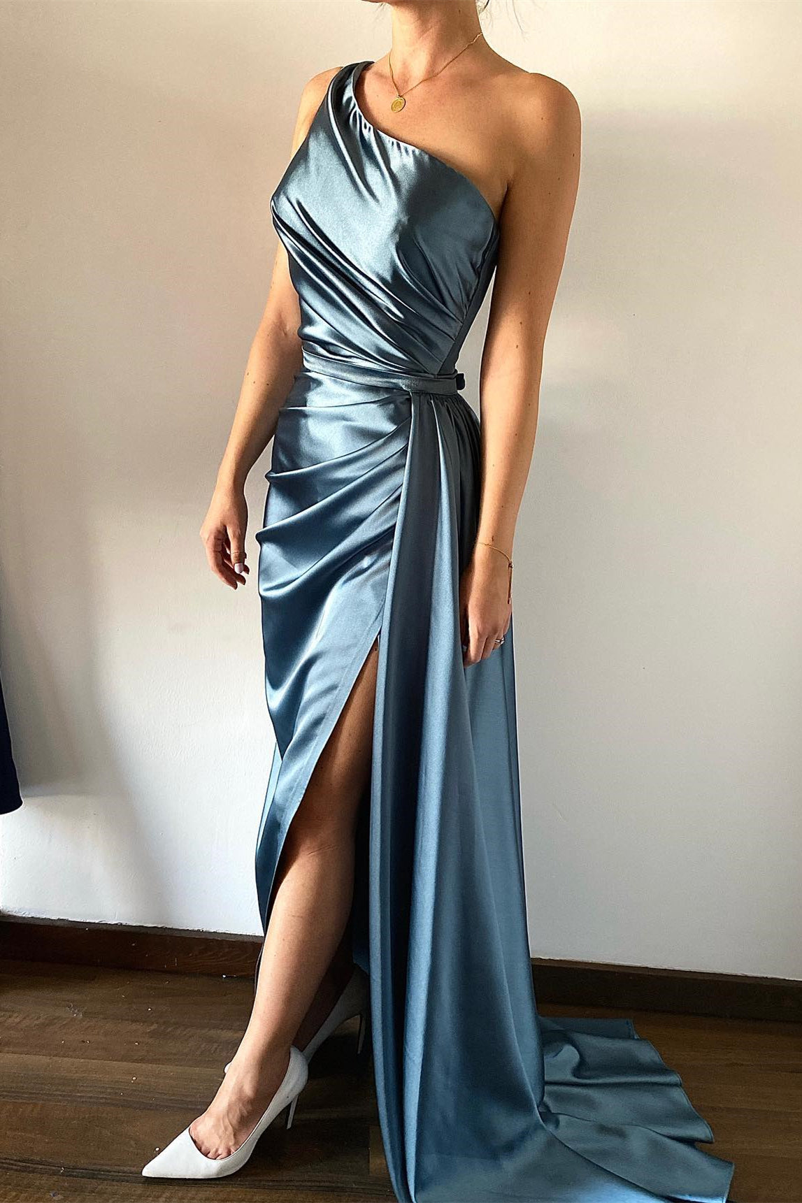 Dusty Blue One Shoulder Mermaid Prom Dress with Pleats and Detachable Ruffles-BallBride