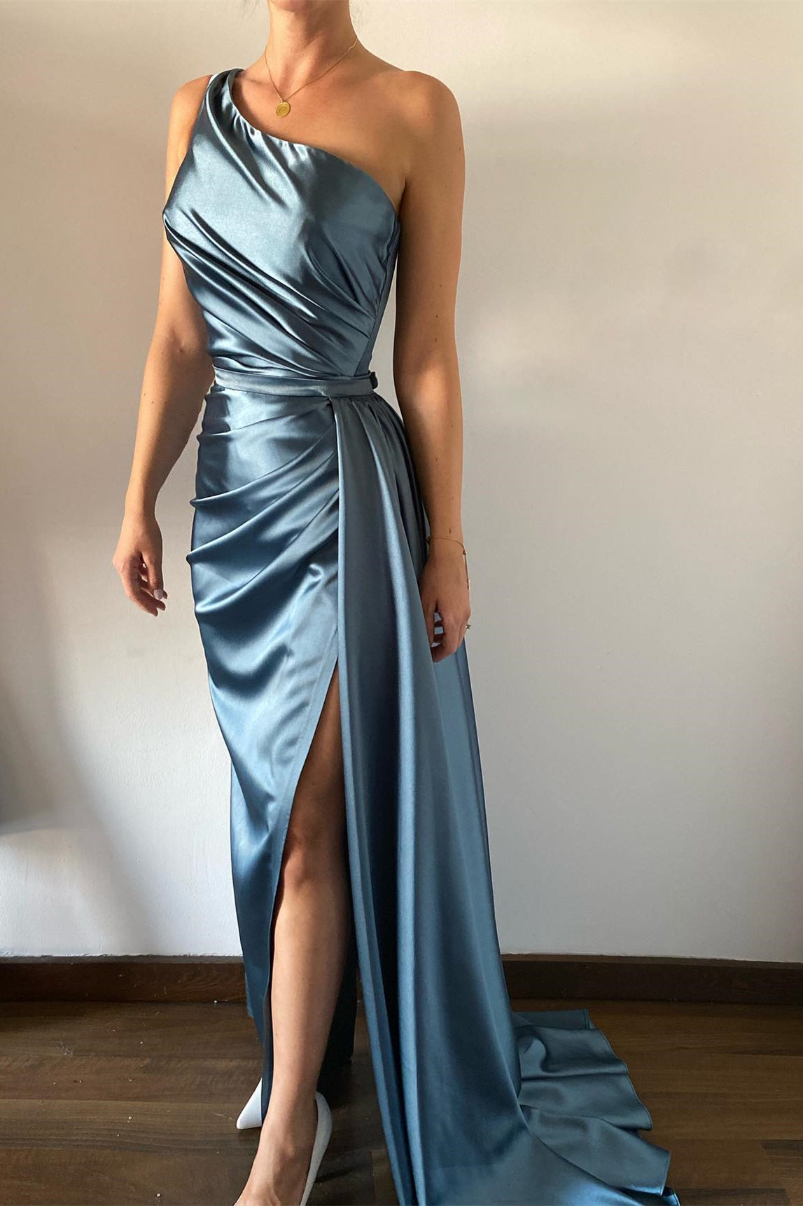 Dusty Blue One Shoulder Mermaid Prom Dress with Pleats and Detachable Ruffles-BallBride