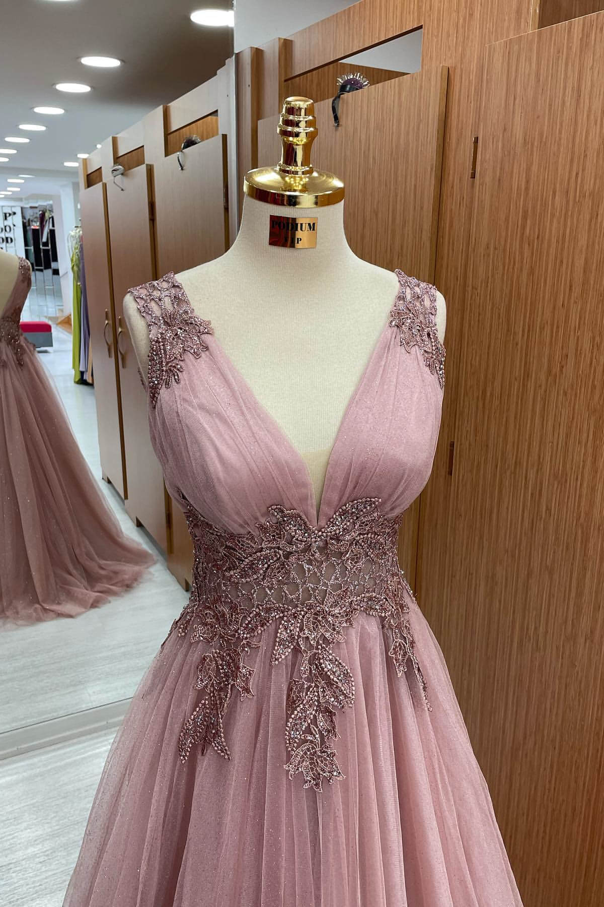 Dusty Pink Sleeveless Long Prom Dress With Tulle Appliques and V-Neck-BallBride