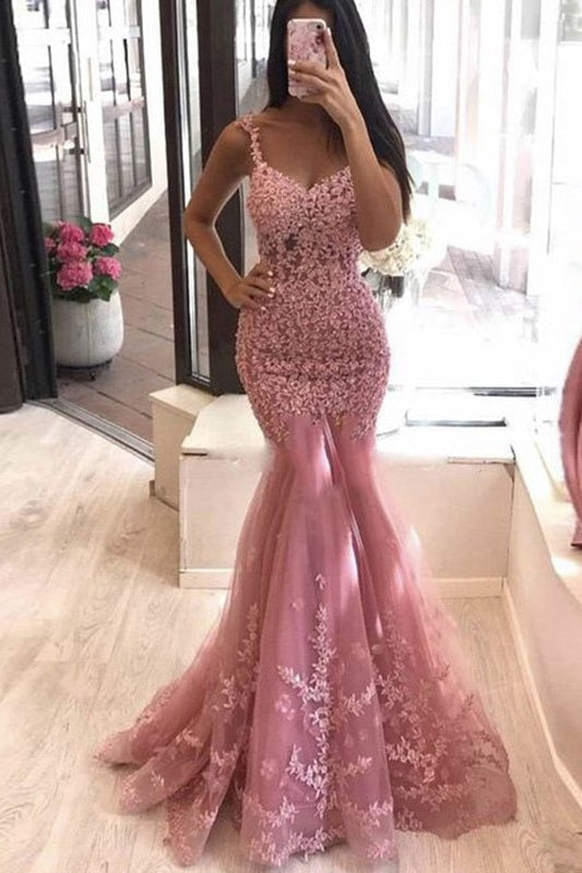 Dusty Pink Tulle Appliques Mermaid Sexy Prom Dress-BallBride