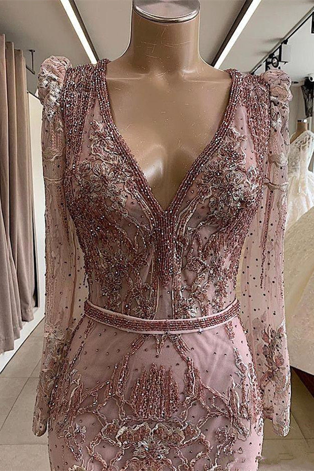 Dusty Pink Tulle Crystal Long Sleeve V-Neck Prom Dress with Beads-BallBride
