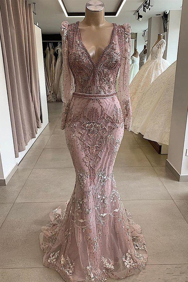 Dusty Pink Tulle Crystal Long Sleeve V-Neck Prom Dress with Beads-BallBride