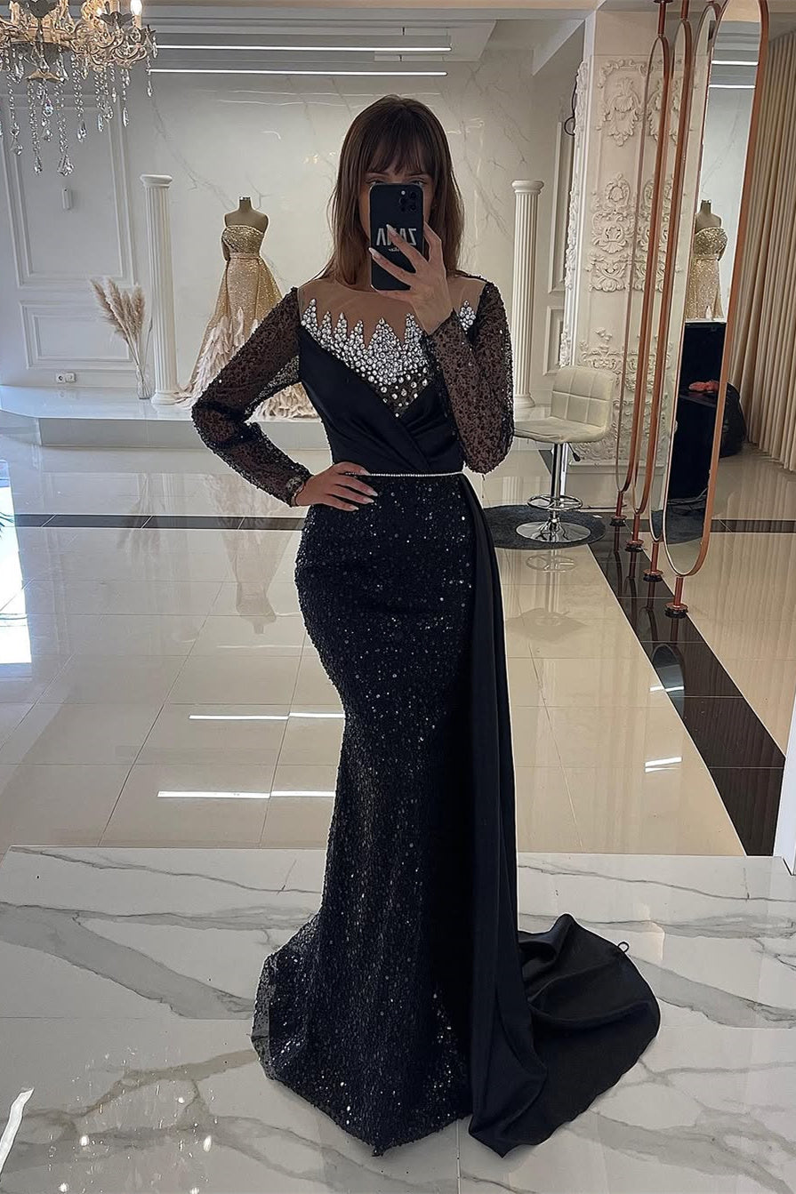 Dusty Rose Mermaid Sequin Long sleeves Silver Beaded Prom Dresses-BallBride