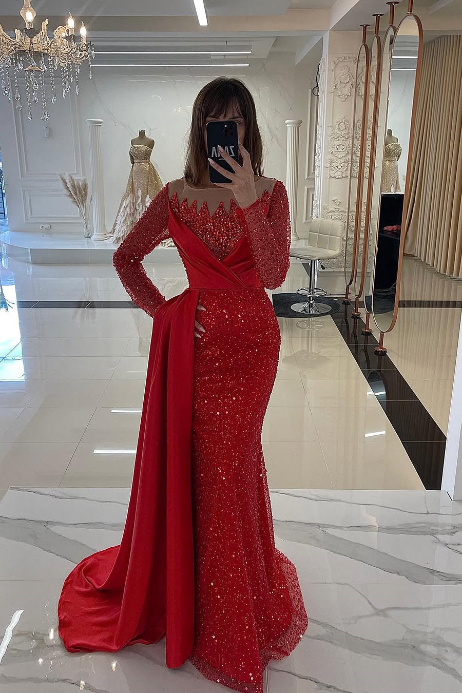 Dusty Rose Mermaid Sequin Long sleeves Silver Beaded Prom Dresses-BallBride