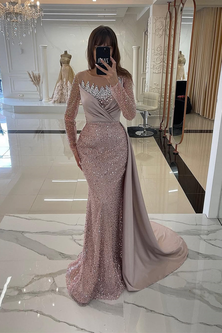 Dusty Rose Mermaid Sequin Long sleeves Silver Beaded Prom Dresses-BallBride