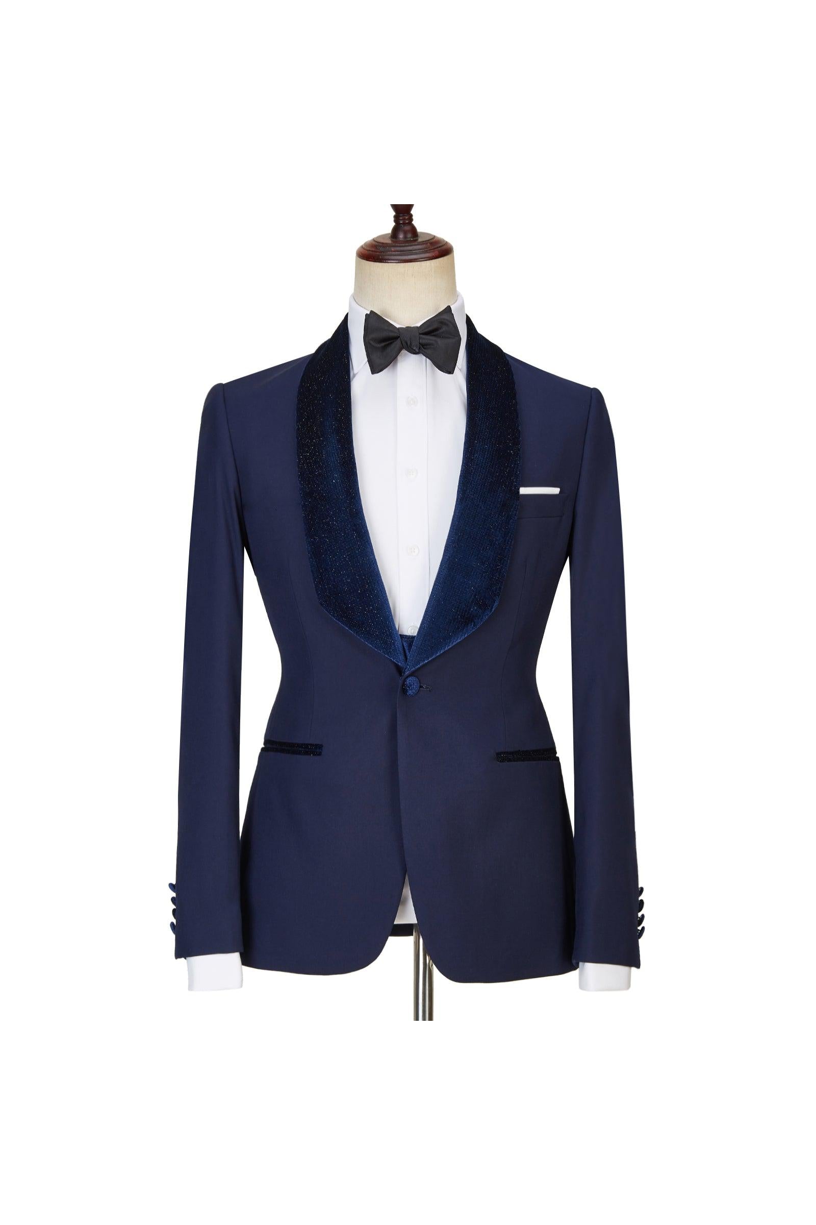 Dylan's Latest Design Navy Blue Best Fitted Three Piece Sparkle Men Suits-BallBride