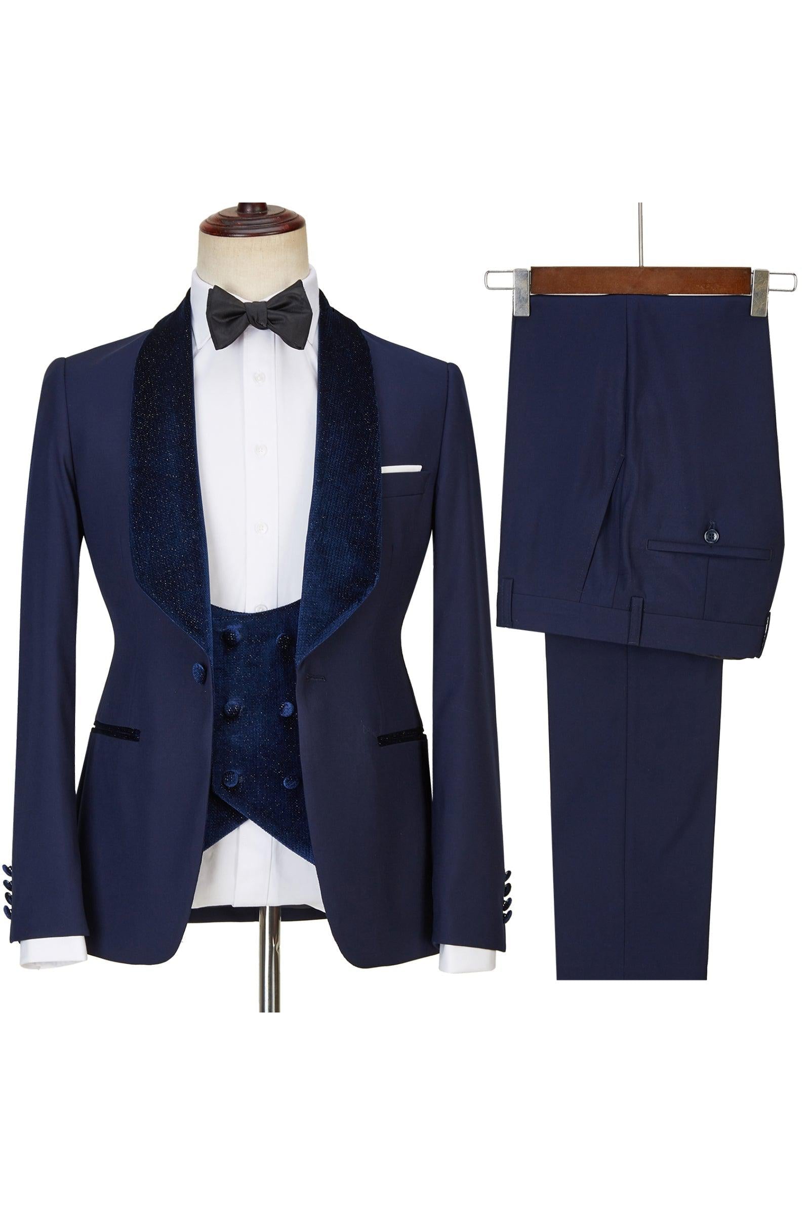 Dylan's Latest Design Navy Blue Best Fitted Three Piece Sparkle Men Suits-BallBride