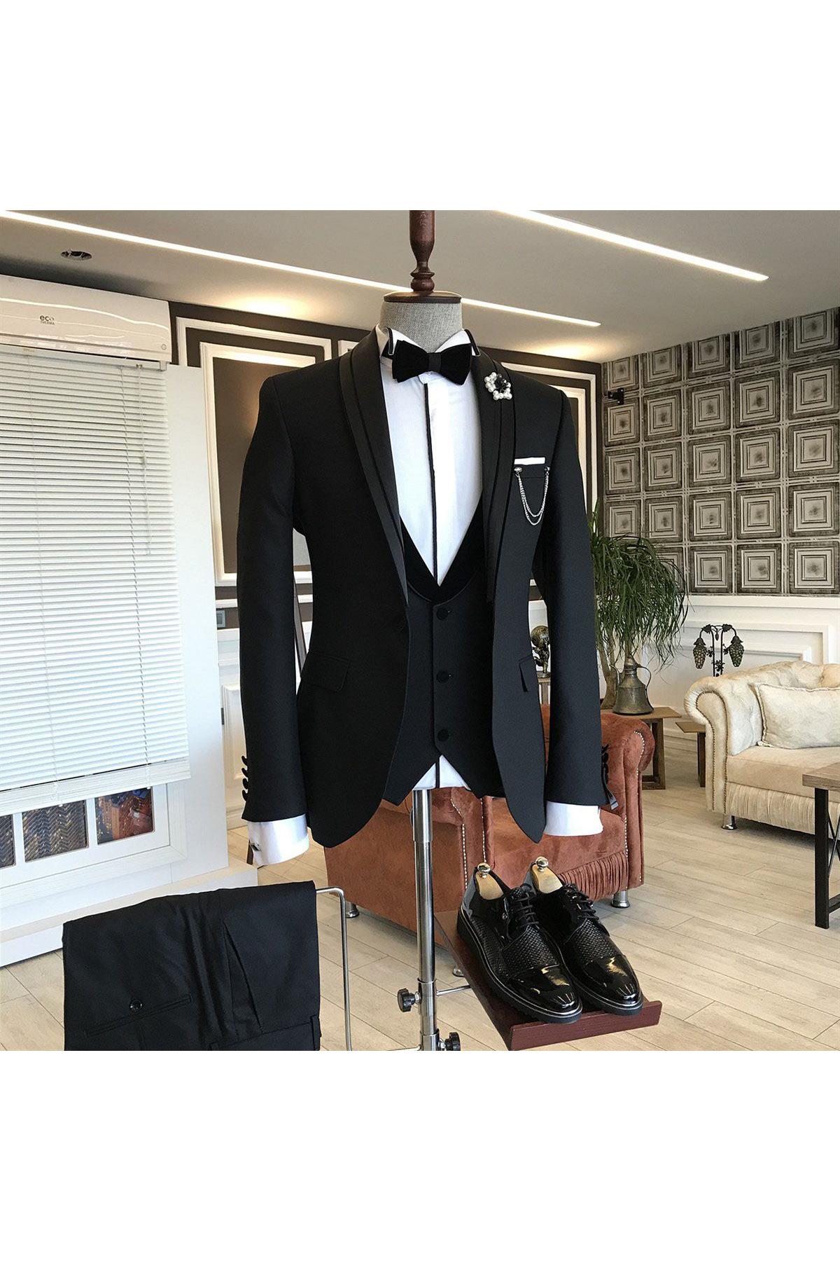 Earl Classic 3-pieces Black Shawl Lapel Wedding Suit - Perfect Choice for Grooms-BallBride