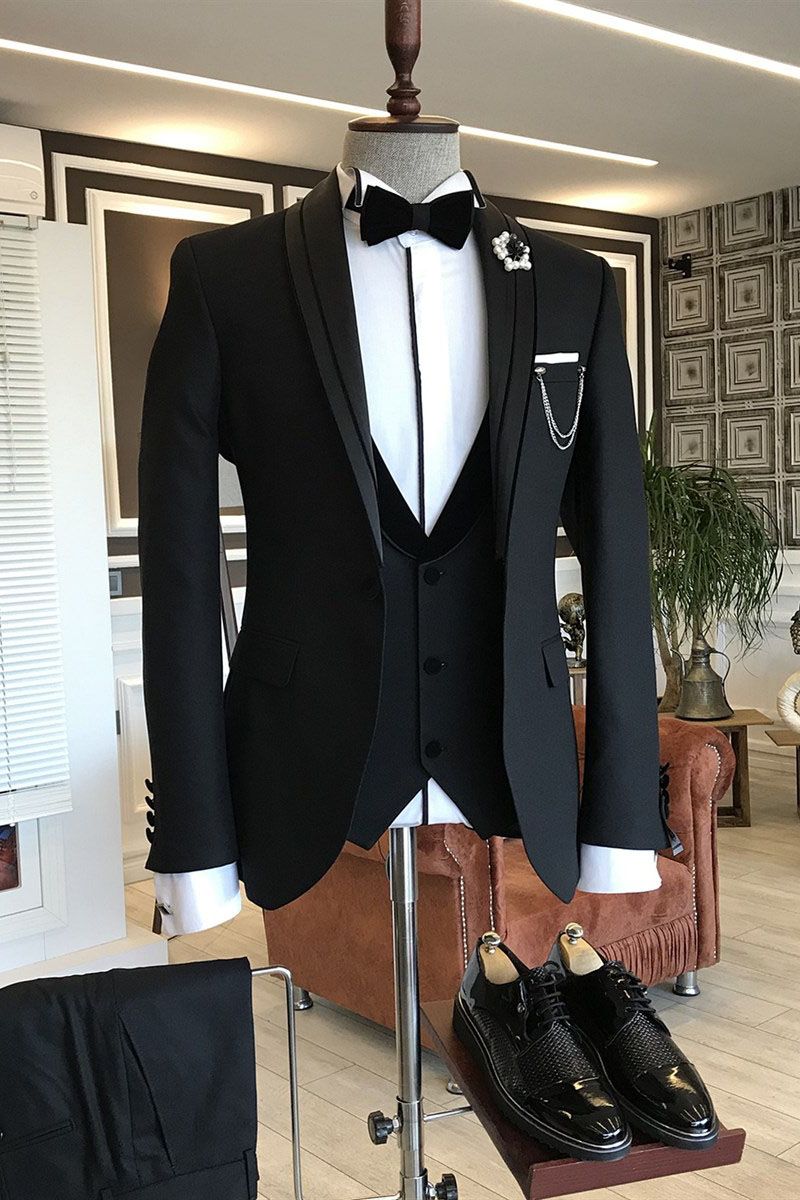Earl Classic 3-pieces Black Shawl Lapel Wedding Suit - Perfect Choice for Grooms-BallBride