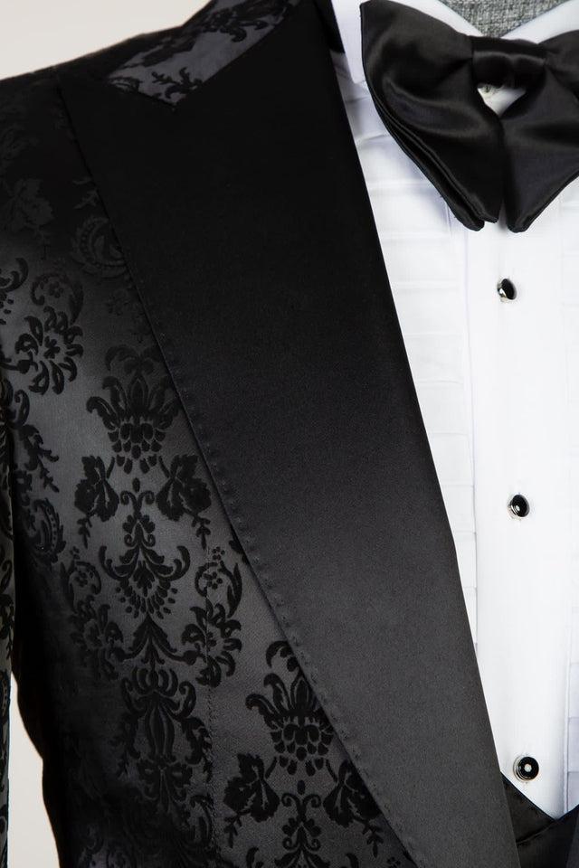 Edward Bespoke Men Suits - Black Jacquard Peaked Lapel Three Pieces-BallBride