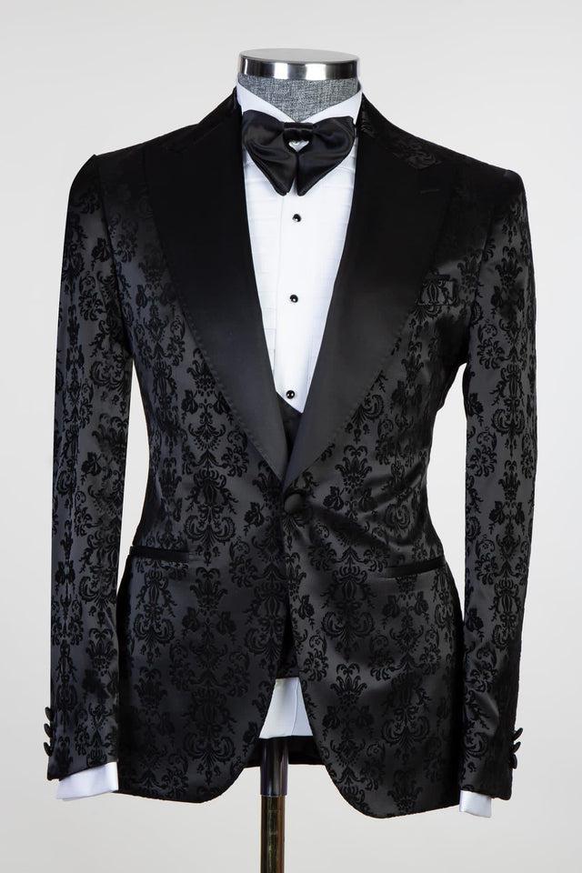 Edward Bespoke Men Suits - Black Jacquard Peaked Lapel Three Pieces-BallBride