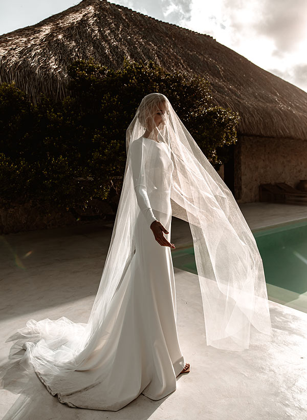 Elastic Satin Long Sleeves Mermaid Fitted Wedding Dress-Ballbride