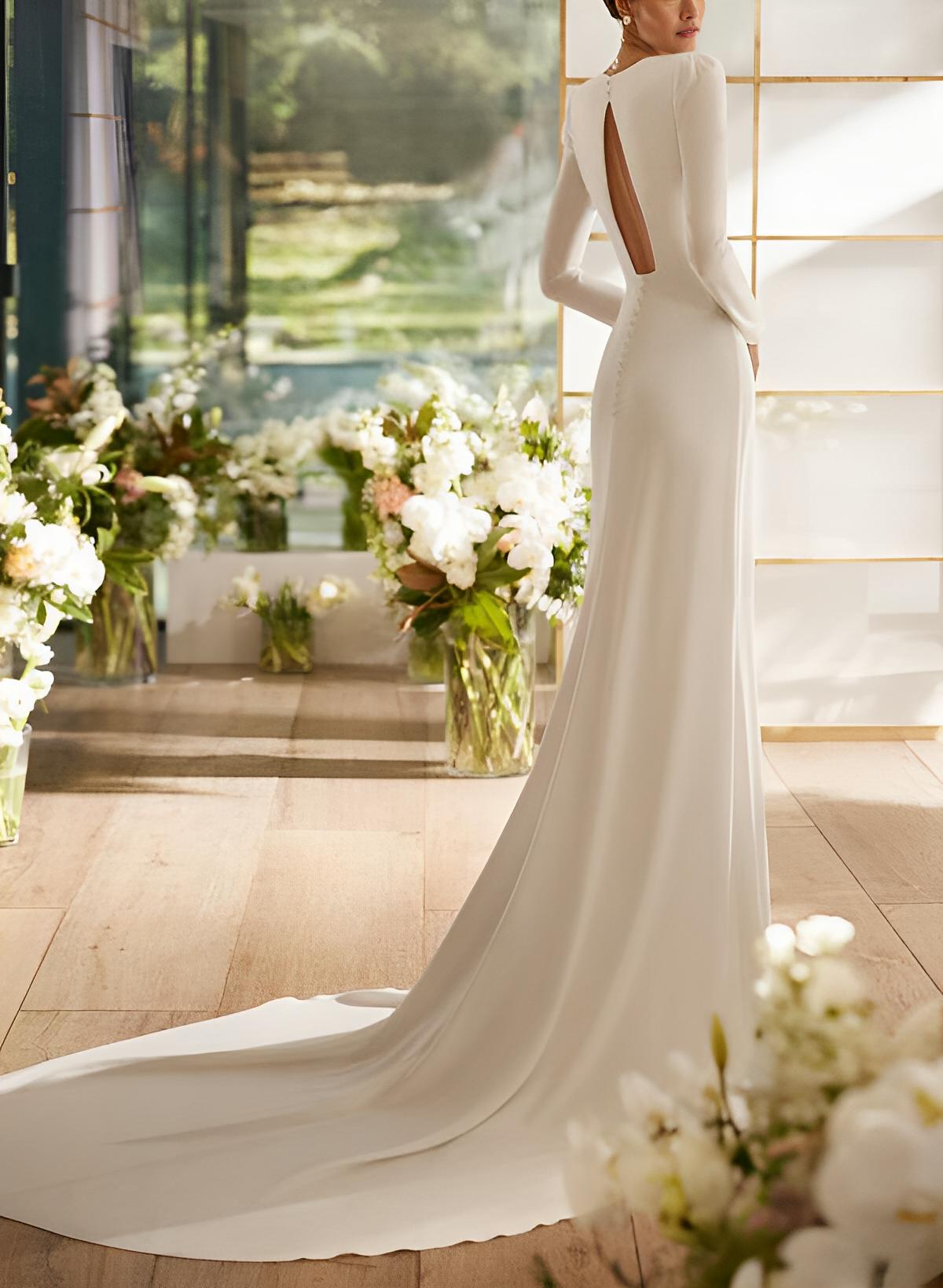 Elastic Satin Mermaid Fitted Wedding Dresses Long Sleeves Court Train-Ballbride