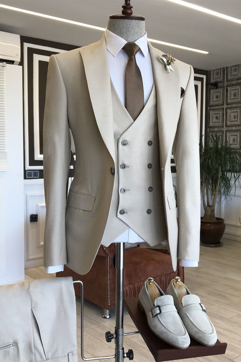 Elegant 3 Piece Light Khaki Wedding Blazer Suit with Peaked Lapel-BallBride