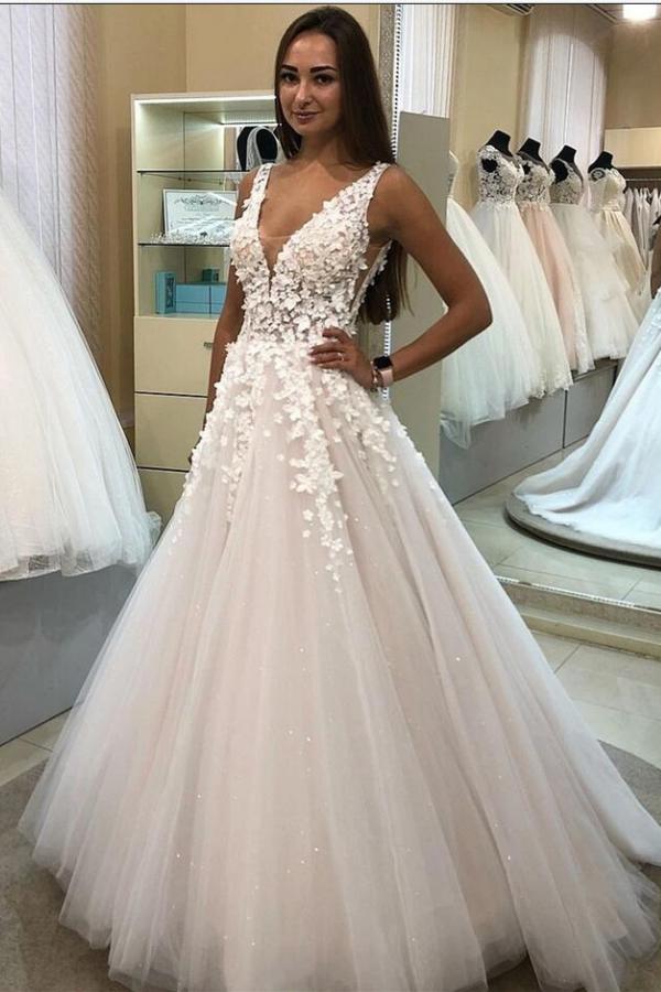 Elegant 3D Floral Long A-line Wedding Dress with V-neck Tulle-BallBride