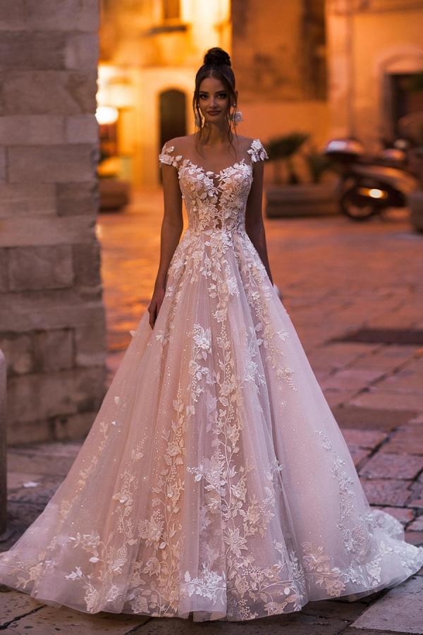 Elegant A-Line Bateau Backless Floor-length Sequins Wedding Dress with Appliques Lace-BallBride
