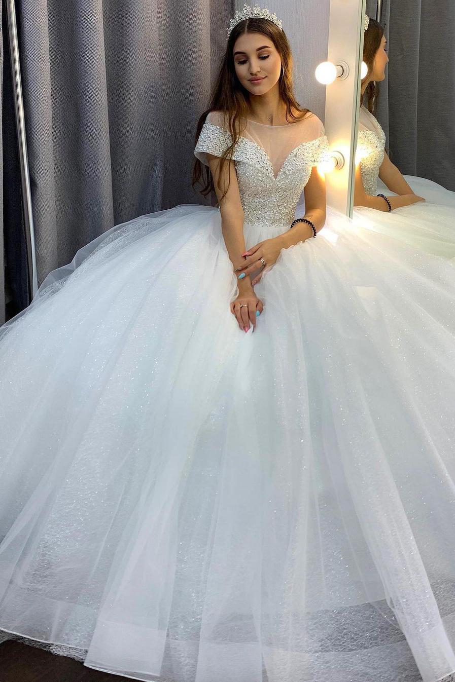 Elegant A-Line Bateau Wedding Dress with Crystal Sequins and Tulle Train-BallBride
