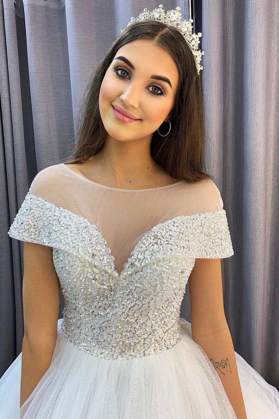 Elegant A-Line Bateau Wedding Dress with Crystal Sequins and Tulle Train-BallBride