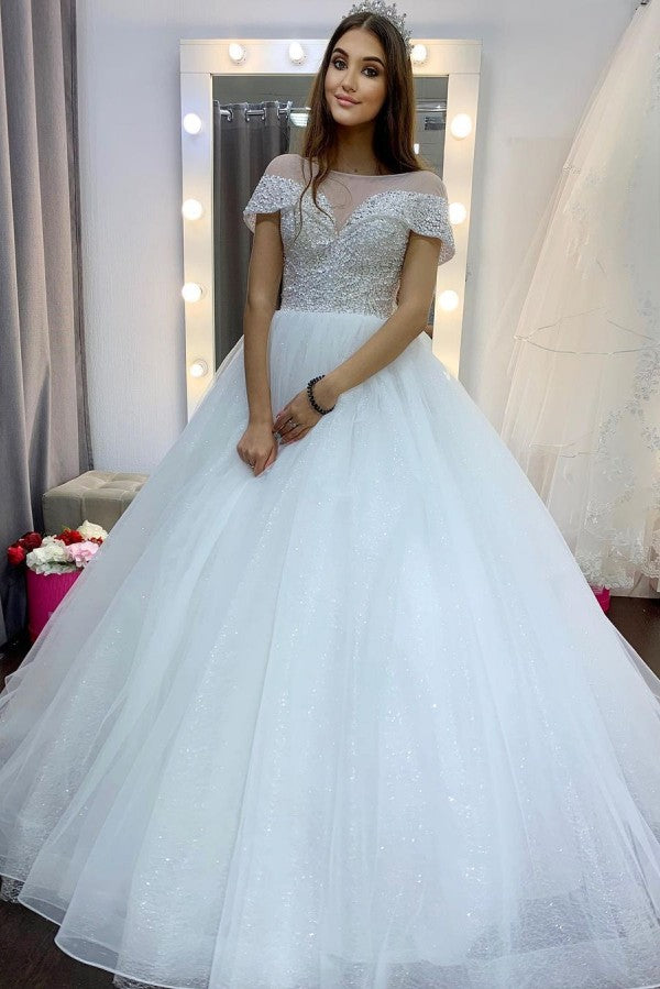 Elegant A-Line Bateau Wedding Dress with Crystal Sequins and Tulle Train-BallBride