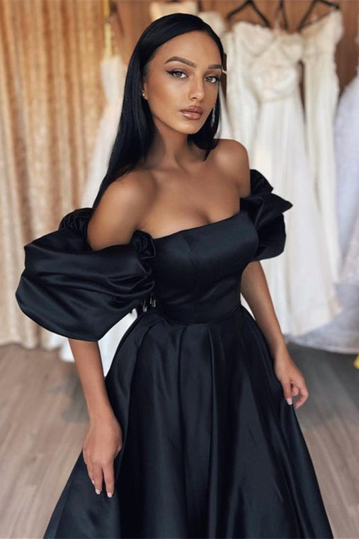 Elegant A Line Black Off-The-Shoulder Prom Dress-BallBride