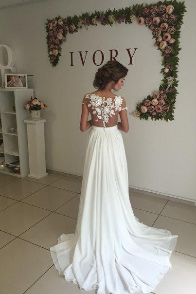 Elegant A-Line Chiffon Lace Wedding Dress With Side Slit Appliques and Ruffles-BallBride