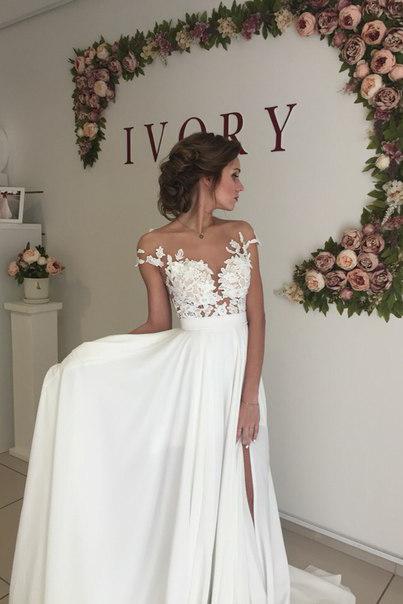 Elegant A-Line Chiffon Lace Wedding Dress With Side Slit Appliques and Ruffles-BallBride