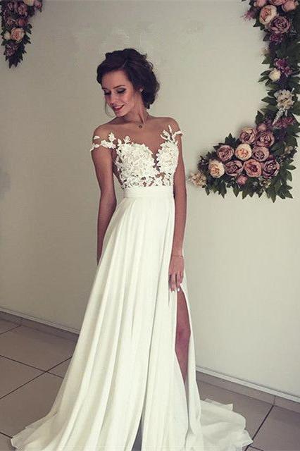 Elegant A-Line Chiffon Lace Wedding Dress With Side Slit Appliques and Ruffles-BallBride