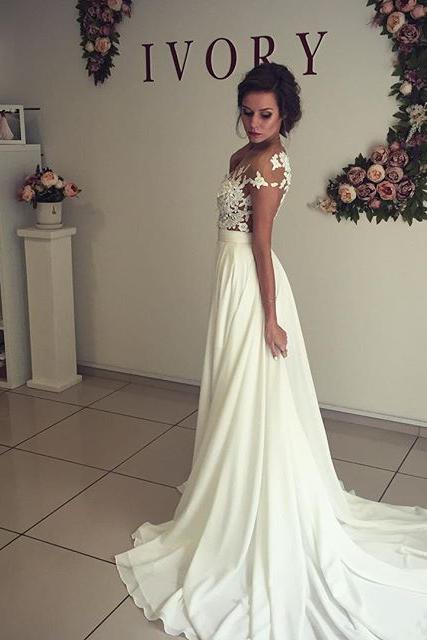Elegant A-Line Chiffon Lace Wedding Dress With Side Slit Appliques and Ruffles-BallBride