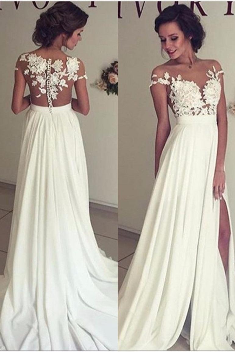 Elegant A-Line Chiffon Lace Wedding Dress With Side Slit Appliques and Ruffles-BallBride