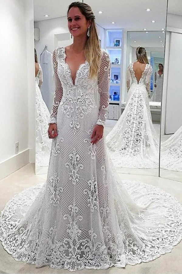 Elegant A-Line Deep V-neck Backless Long Sleeves Wedding Dress With Pearl Appliques and Lace-BallBride