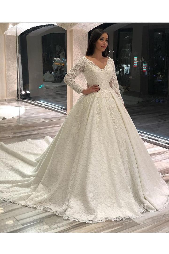Elegant A-line Deep V-neck Long Sleeves Wedding Dress with Appliques Lace-BallBride