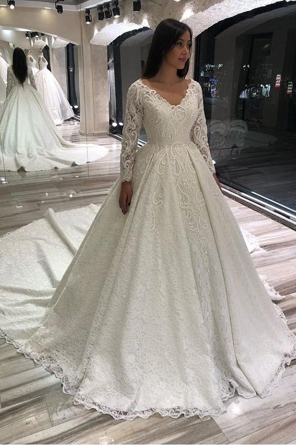 Elegant A-line Deep V-neck Long Sleeves Wedding Dress with Appliques Lace-BallBride