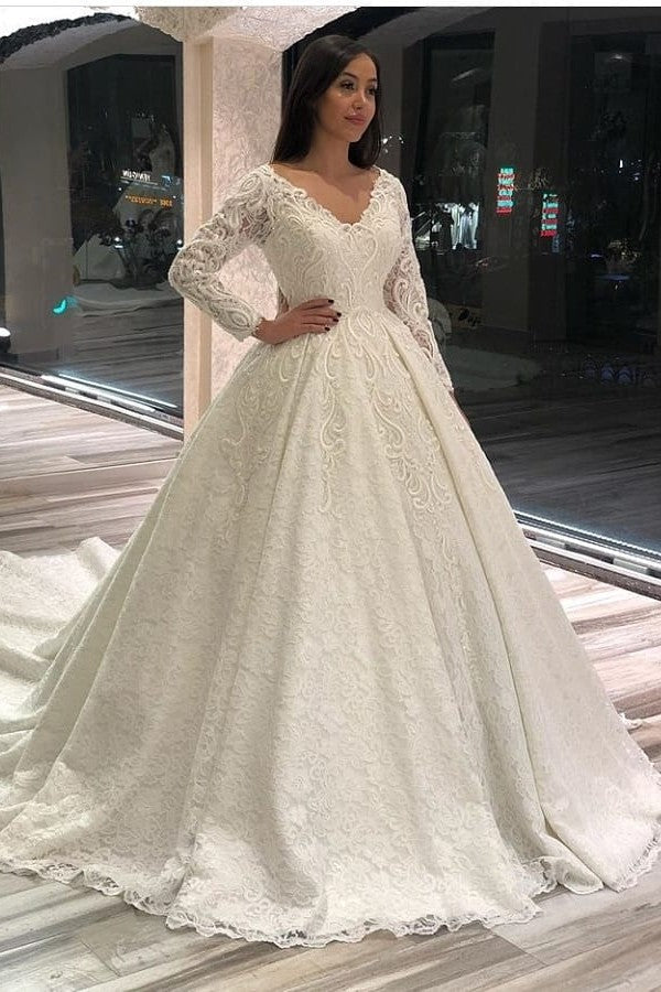 Elegant A-line Deep V-neck Long Sleeves Wedding Dress with Appliques Lace-BallBride