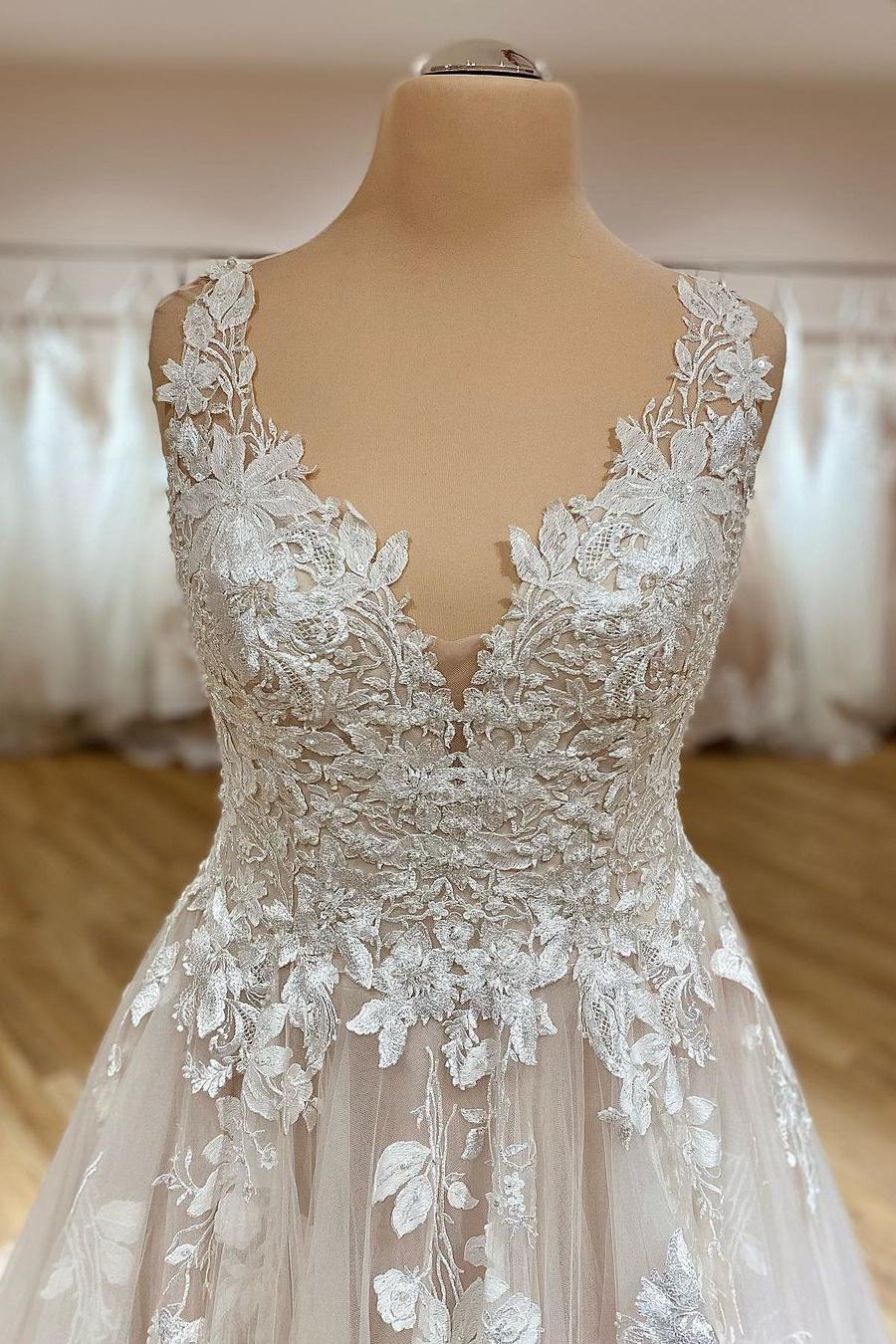 Elegant A-Line Deep V-neck Spaghetti-Straps Wedding Dress with Ruffles Tulle and Appliques Lace-BallBride