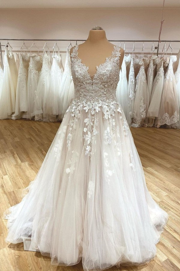 Elegant A-Line Deep V-neck Spaghetti-Straps Wedding Dress with Ruffles Tulle and Appliques Lace-BallBride