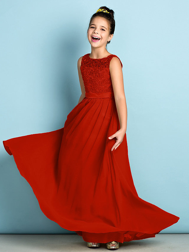 Elegant A-Line Floor Length Lace Junior Bridesmaid Dress-BallBride