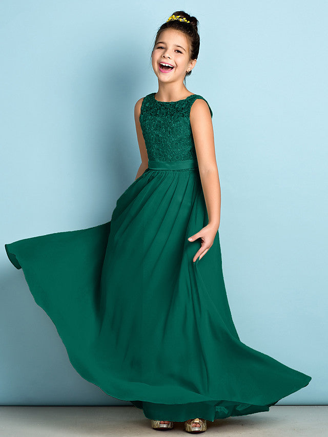 Elegant A-Line Floor Length Lace Junior Bridesmaid Dress-BallBride