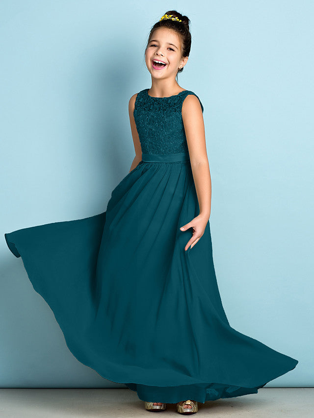 Elegant A-Line Floor Length Lace Junior Bridesmaid Dress-BallBride