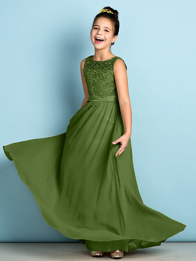Elegant A-Line Floor Length Lace Junior Bridesmaid Dress-BallBride