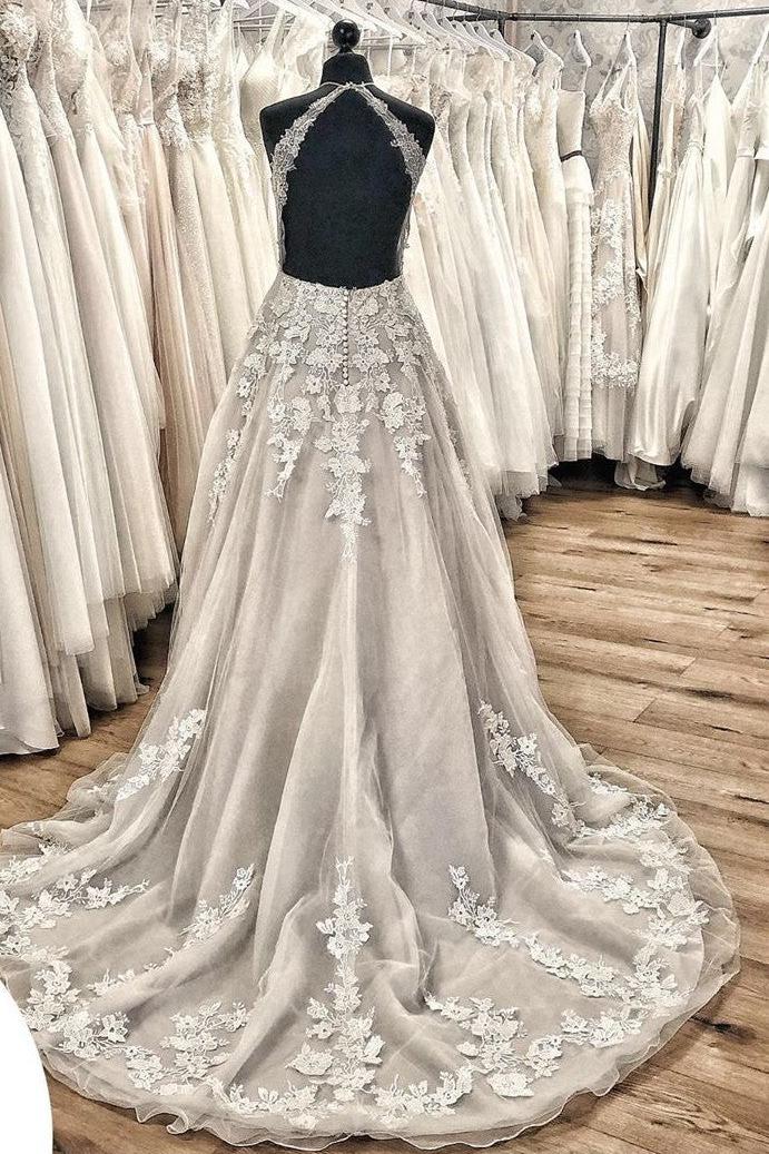 Elegant A-line Halter Wedding Dress with Tulle Ruffles & Appliques Lace Train-BallBride