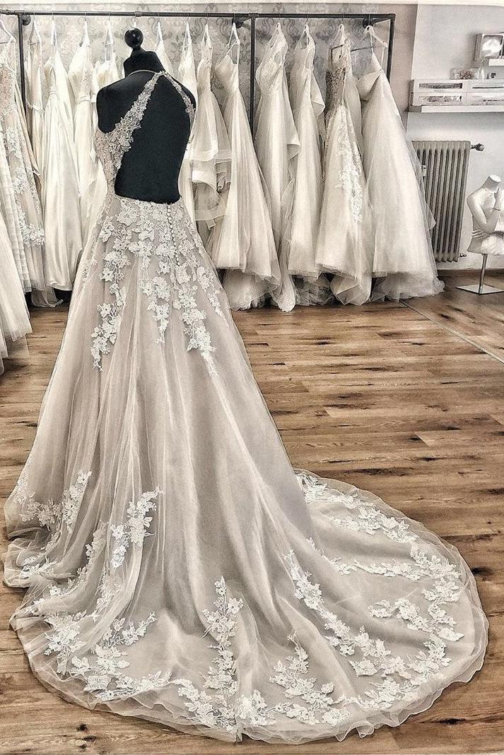 Elegant A-line Halter Wedding Dress with Tulle Ruffles & Appliques Lace Train-BallBride