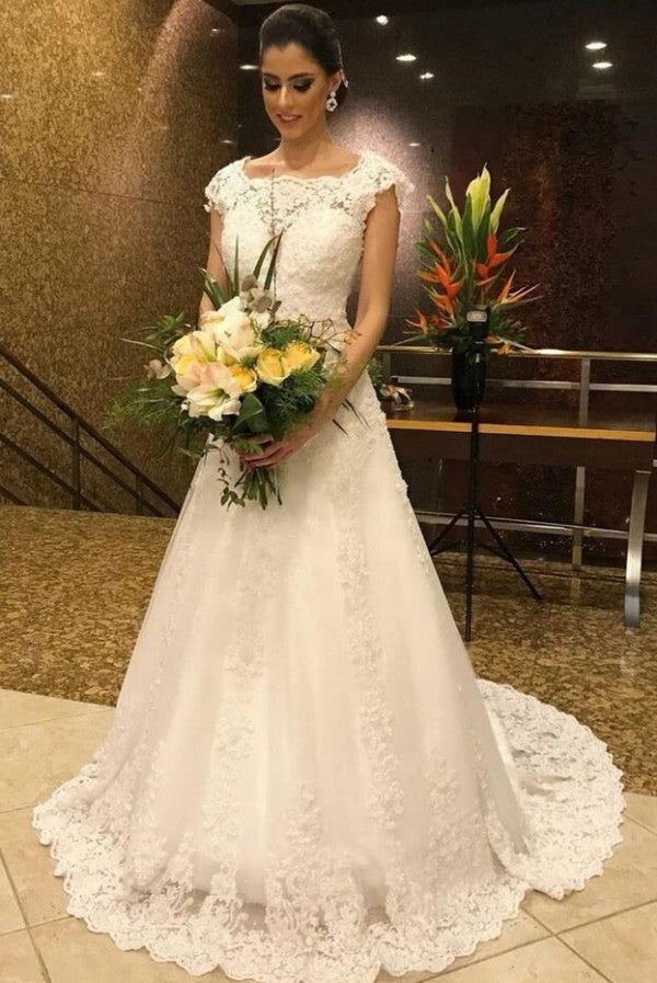 Elegant A-line Jewel Floor Length Wedding Dress with Lace-BallBride