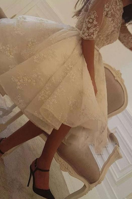 Elegant A-Line Jewel Short Wedding Dress with Tulle Lace and Sleeves-BallBride