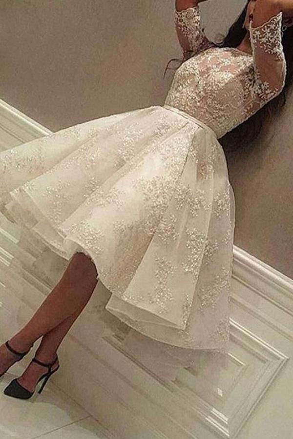 Elegant A-Line Jewel Short Wedding Dress with Tulle Lace and Sleeves-BallBride