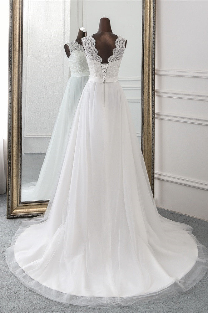 Elegant A-line Jewel Wedding Dress with Tulle and Appliques Lace-BallBride