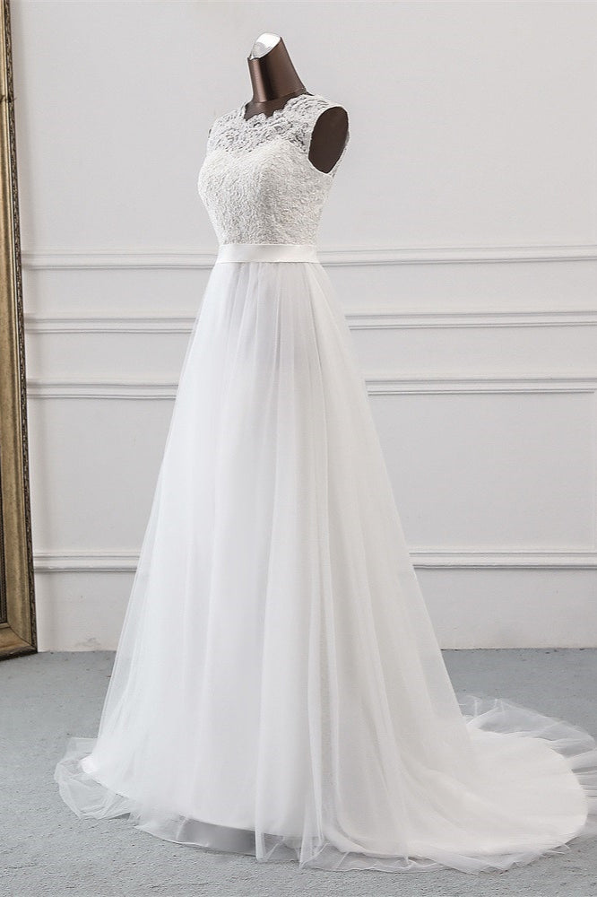Elegant A-line Jewel Wedding Dress with Tulle and Appliques Lace-BallBride