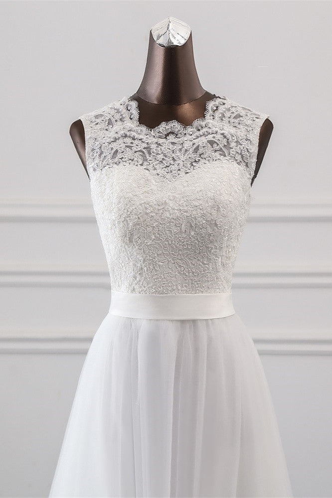 Elegant A-line Jewel Wedding Dress with Tulle and Appliques Lace-BallBride