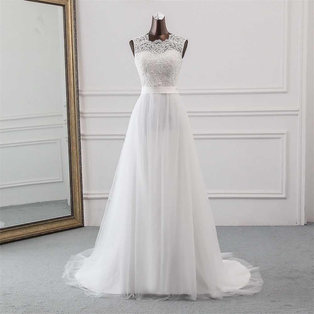 Elegant A-line Jewel Wedding Dress with Tulle and Appliques Lace-BallBride